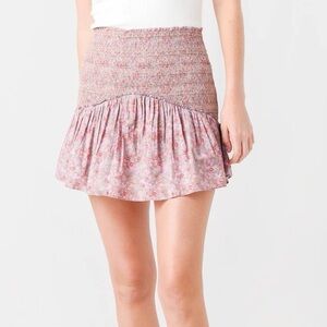 LoveShackFancy Anguilla Floral Smocked Mini Skirt in Warm Taupe/Floral